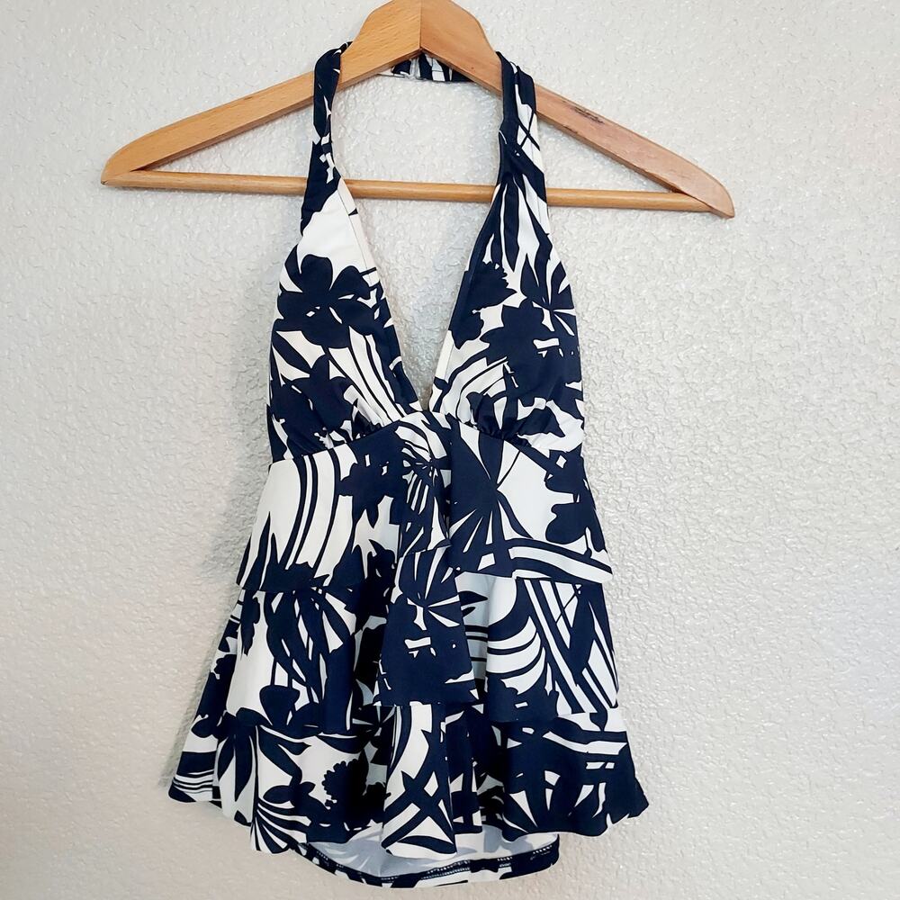 Caribbean Joe White & Blue Palm Floral Tankini Size 8